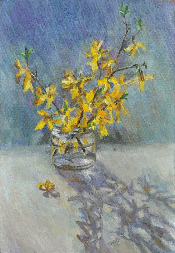 Forsythia by the window original oil painting