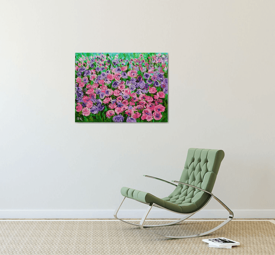 FIELD OF Happyness PURPLE PINK WHITE  ROSES  palette knife modern decor MEADOW OF FlOWERS, LANDSCAPE,  office home decor gift