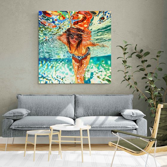 Nude woman under water in the swimming pool, sea, ocean with turquoise color waves with bright sun glares. Impressionistic artwork. Positive holiday bright wall art home decor. Art Gift