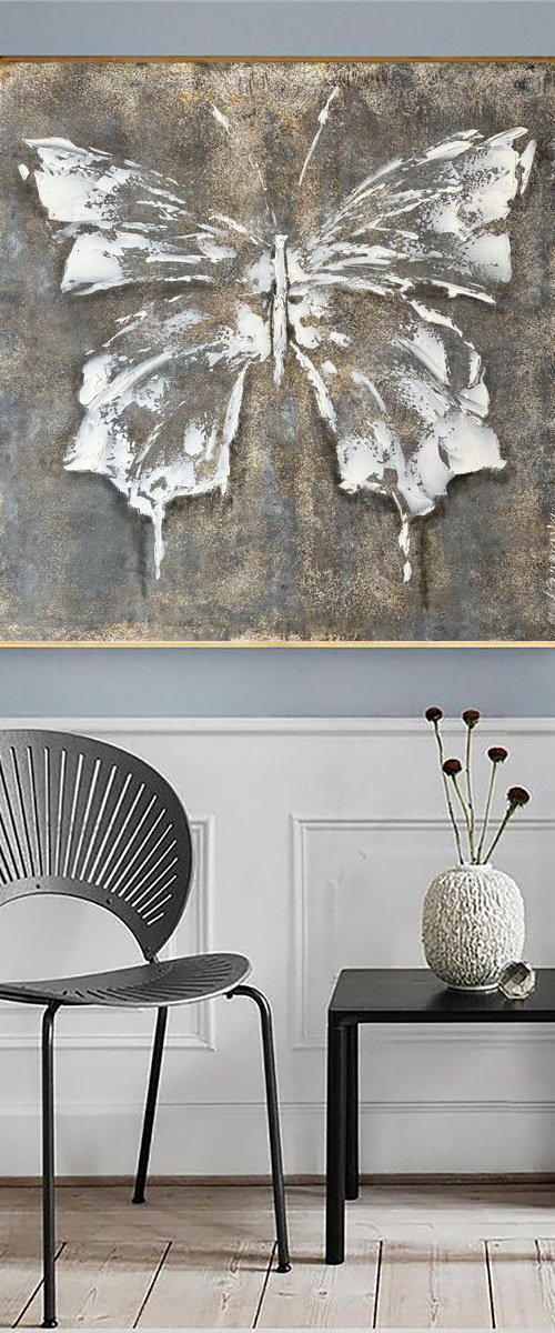 Gray mother-of-pearl butterfly. White Abstract butterfly painting. by Marina Skromova