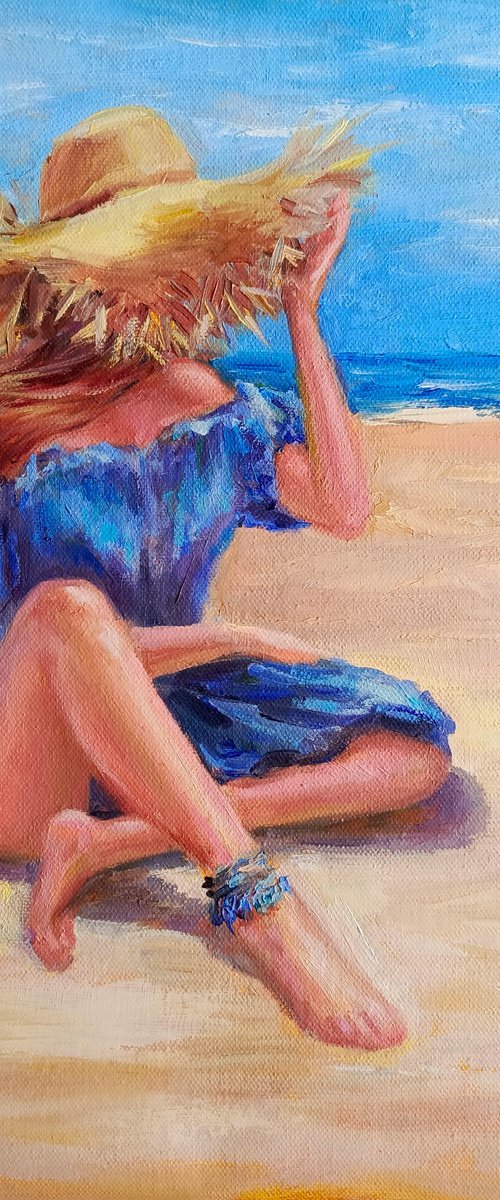 Woman in hat on beach by Anastasia Art Line