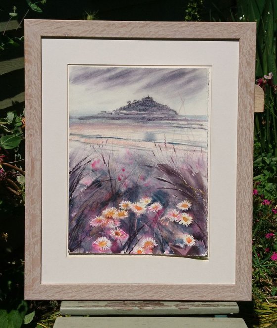 Cornish watercolour, St Michael's Mount with Daisies