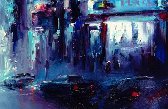 Urban Night Life. Cityscape painting.