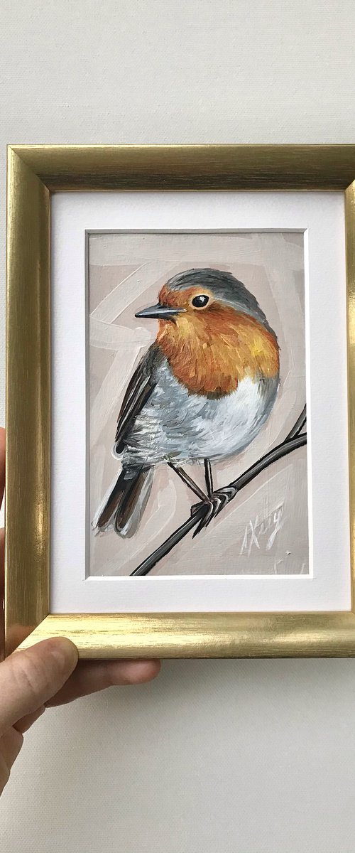 Robin bird Oil Painting golden framed 15x20cm by Leysan Khasanova