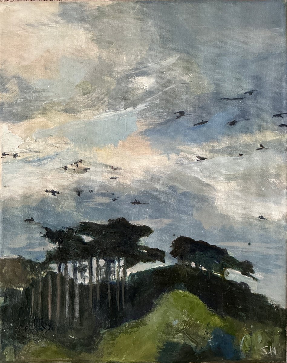 Impressionistic Landscape Oil Painting By Sandra Haney, 9 X 12", Migrating Geese, Original Artwork