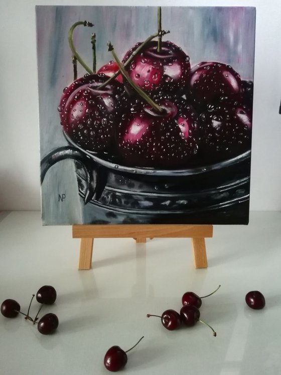 Ripe cherries in a bowl , gift, original oil painting