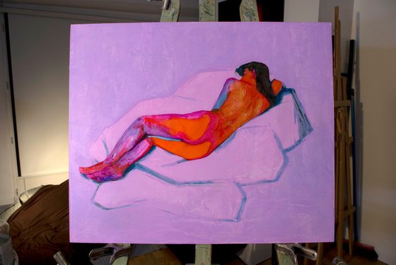 modern pop art portrait of a nude woman on pink and red