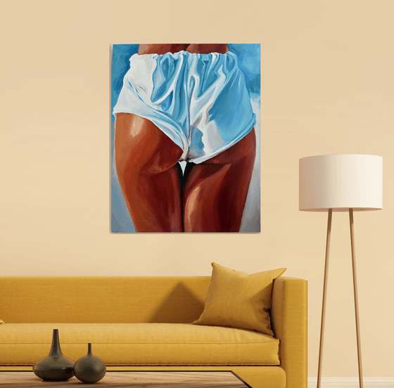 FRESH AND CLEAN - original painting sea swimming erotic art white blue shorts legs erotic art nude sexy pop art office interior home decore