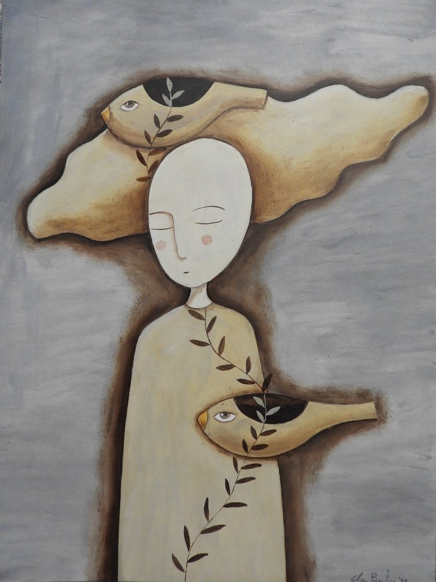 Illustrative Portrait Oil Painting By Silvia Beneforti, 12 X 17", The Woman And The Birds, Original Artwork