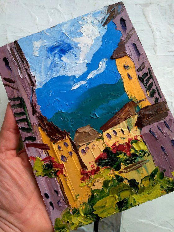 Italy Painting Cityscape Original Art Castle Small Oil Impasto Artwork Old City Home Wall Art 6 by 8" by Halyna Kirichenko