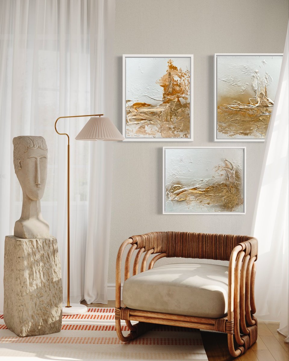 Hidden Light - Composition 3 paintings Gold & White by Daniela Pasqualini