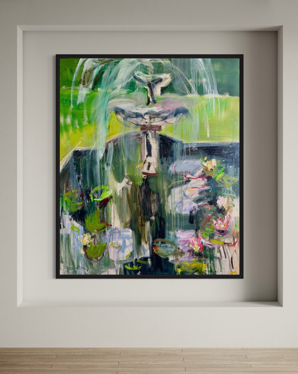 Expressive Abstract Oil Painting By Lilia Orlova-Holmes, 39 X 47", Fountain, Original Artwork