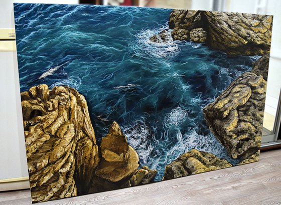 "Oceanic Paradise" 100 x 150 cm- large oil painting on linen canvas photorealism realism water ocean waves rocks