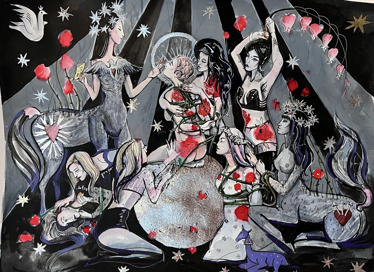 Surrealistic Portrait Ink Drawing By Tetiana Cherevan, 26 X 20", Mystical Centaurides, Original Artwork