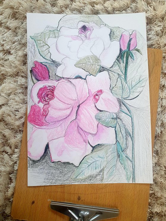 Floral Dance Drawing with Pencil and Watercolour Pencils A4 Size