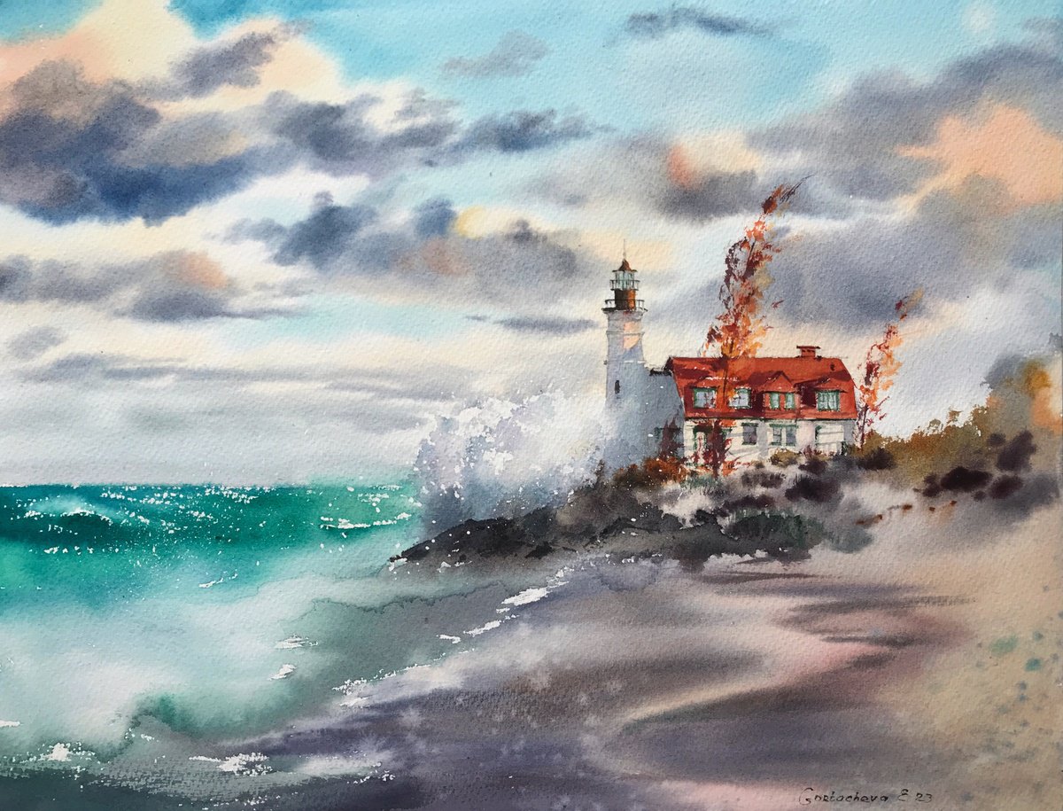 Impressionistic Landscape Watercolour By Eugenia Gorbacheva, 16 X 12, Before The Storm Lighthouse #6, Original Artwork