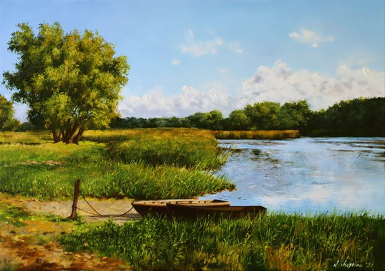 Old wooden boats on the river bank, Serene Summer Landscape