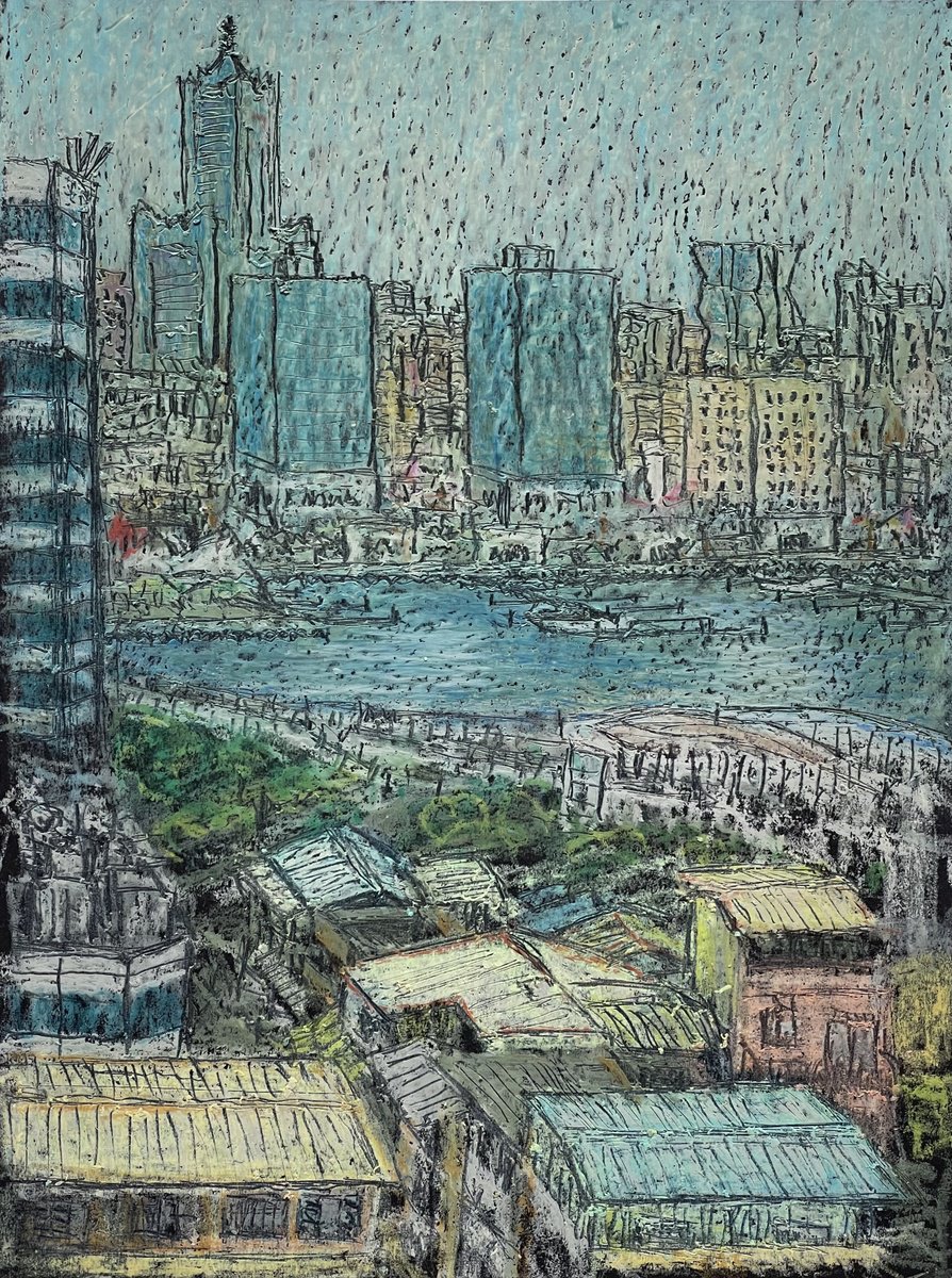 Expressive Cityscapes Pastel Drawing By David Lloyd, 6 X 8, The Sun Fighting Through The Haze, Original Artwork