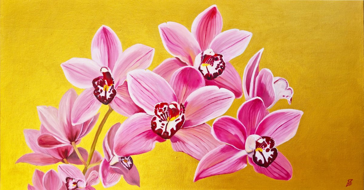 Photorealistic Botanical Oil Painting By Zulfiya Mukhamadeyeva, 28 X 16", Burgundy Cymbidium Orchid, Original Artwork