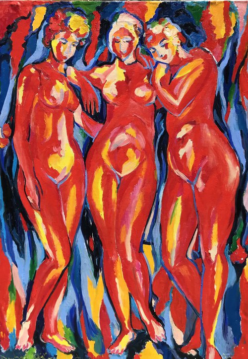 THREE GRACES - Abstract nude art , XL large wall sized, original painting, bathers theme, red, bedroom interior by Karakhan