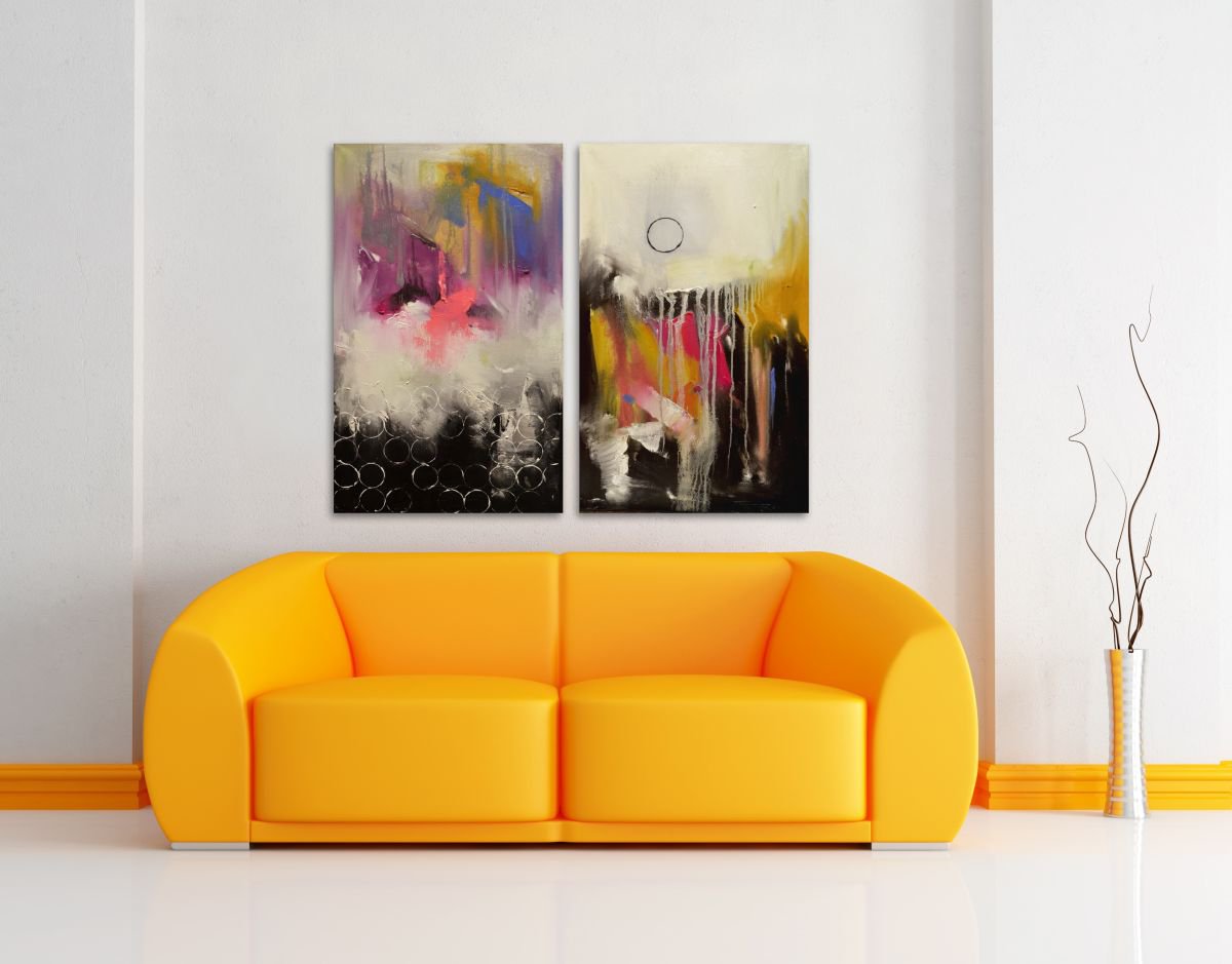 Abstract Oil Painting By Zhanna Kondratenko, 16 X 28", Evolving Echoes (Diptych), Original Artwork