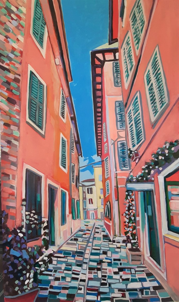 Impressionistic Cityscapes Acrylic Painting By Alexandra Djokic, 23 X 40, Mediterranean Street, Original Artwork