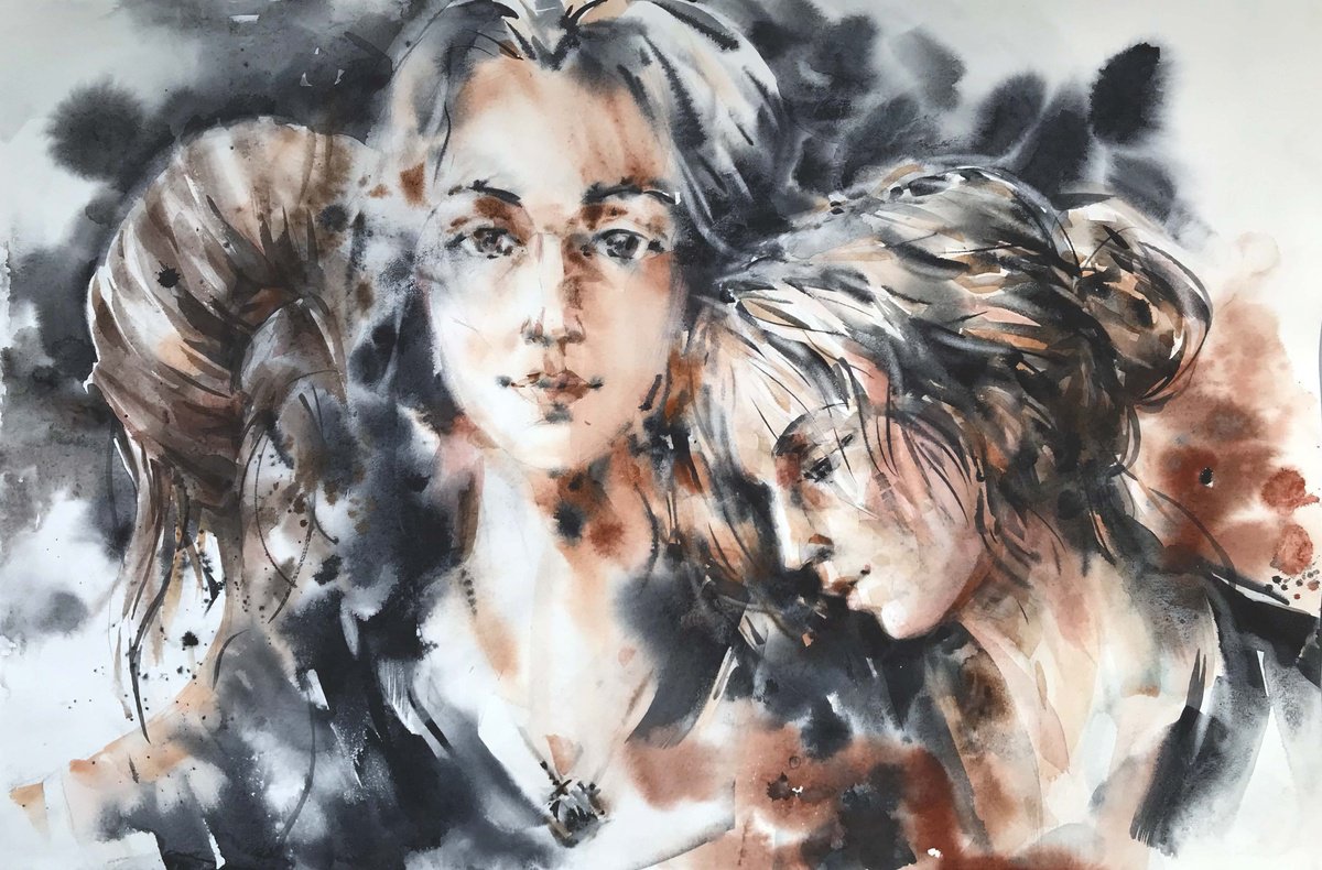 Impressionistic Portrait Watercolour By Galina Poloz, 22 X 15, Three Sisters., Original Artwork