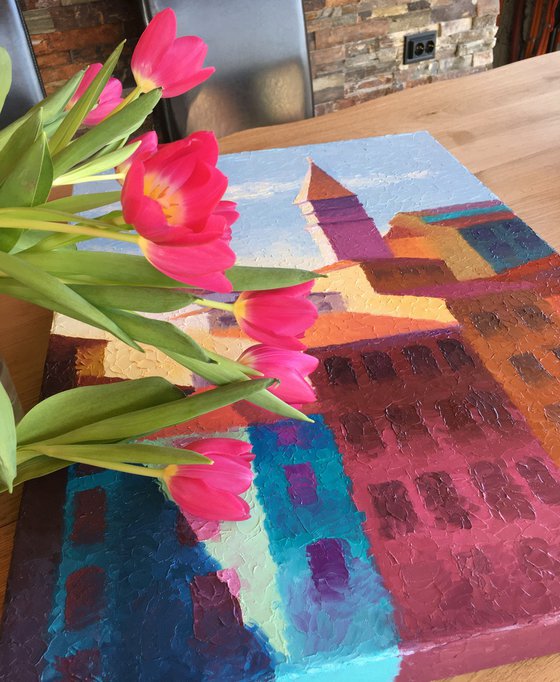 "Sunny day in a colorful city"