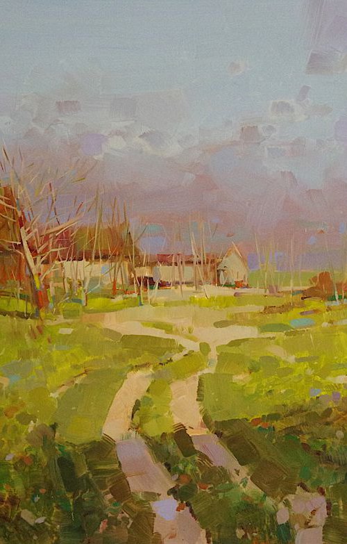 Through the Village, Landscape oil painting, One of a kind, Signed, Handmade artwork by Vahe Yeremyan