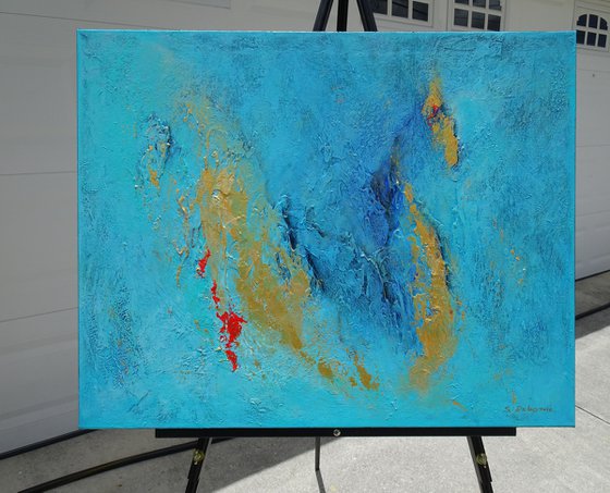 CARIBBEAN DREAM. Teal, Gold, Blue Contemporary Abstract Seascape, Ocean Waves Painting. Modern Textured Art