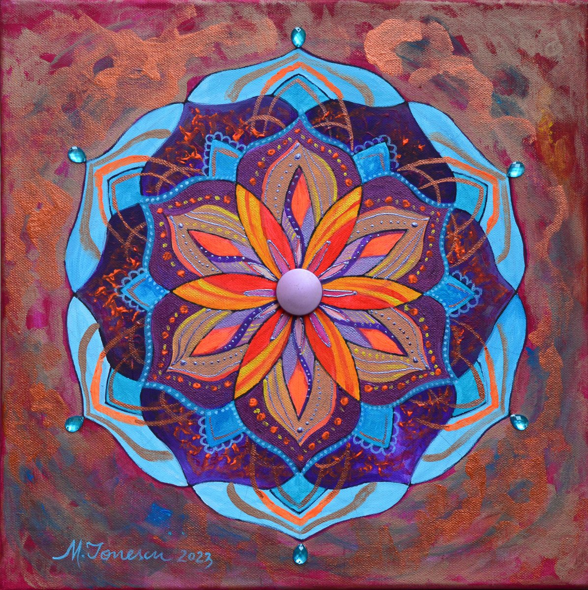 Geometric Abstract Acrylic Painting By Mihaela Ionescu, 16 X 16", Mandala 1, Original Artwork