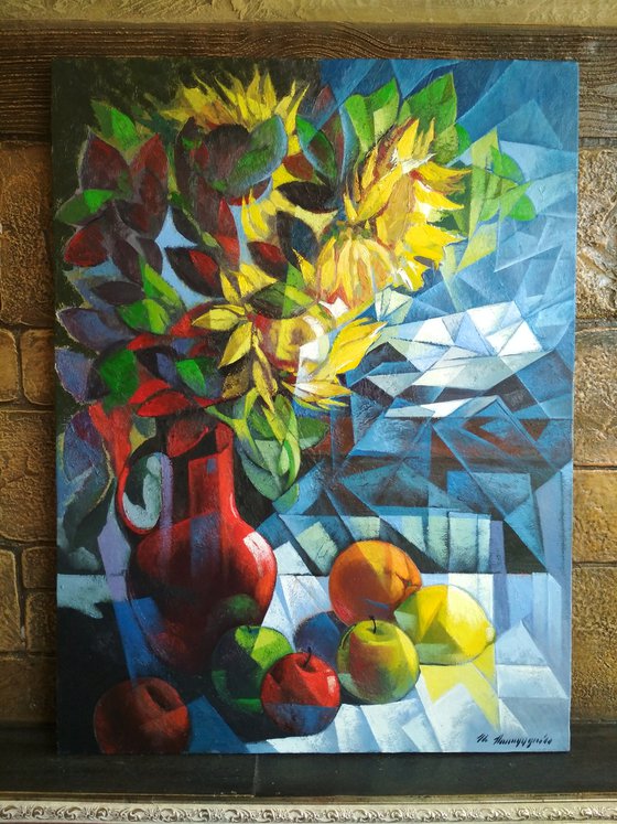 Still life with sunflowers (60x80cm, cubism, oil painting, ready to hang)