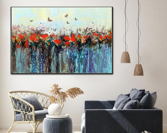 Dance of butterflies - Large abstract red flowers with butterflies, original artwork, abstract landscape