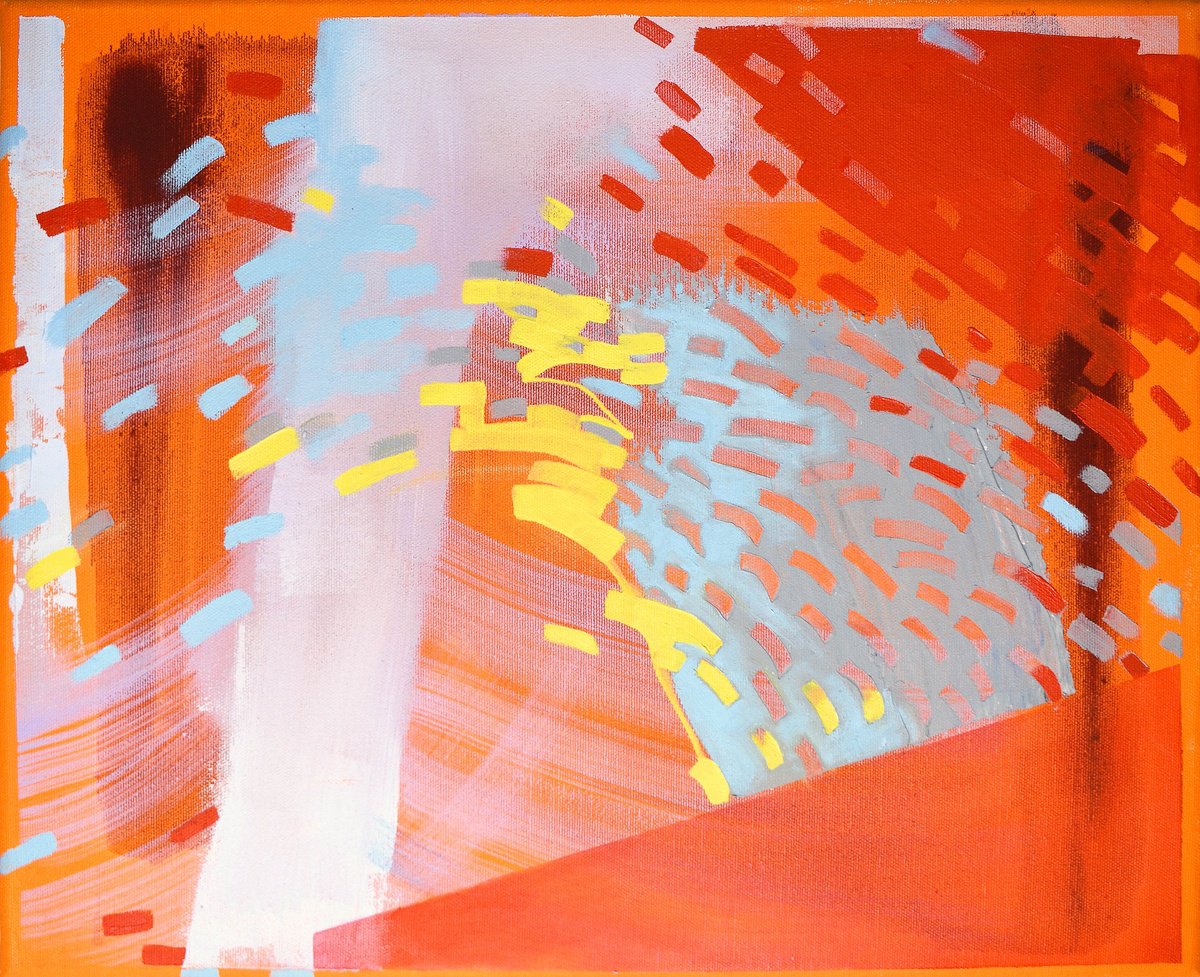 Expressive Abstract Oil Painting By Hilde Hoekstra, 15 X 18, In The Wake - The Orange Speedboat, Original Artwork