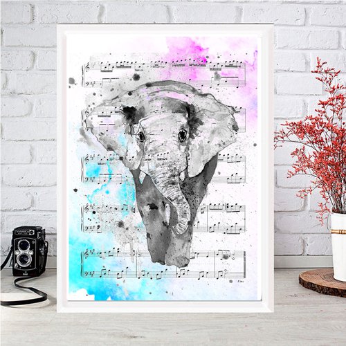 Elephant, watercolor on sheet music by Luba Ostroushko