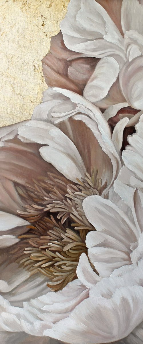 "Golden Silk Flowers" Gold white peony art by Olha Tsapenko