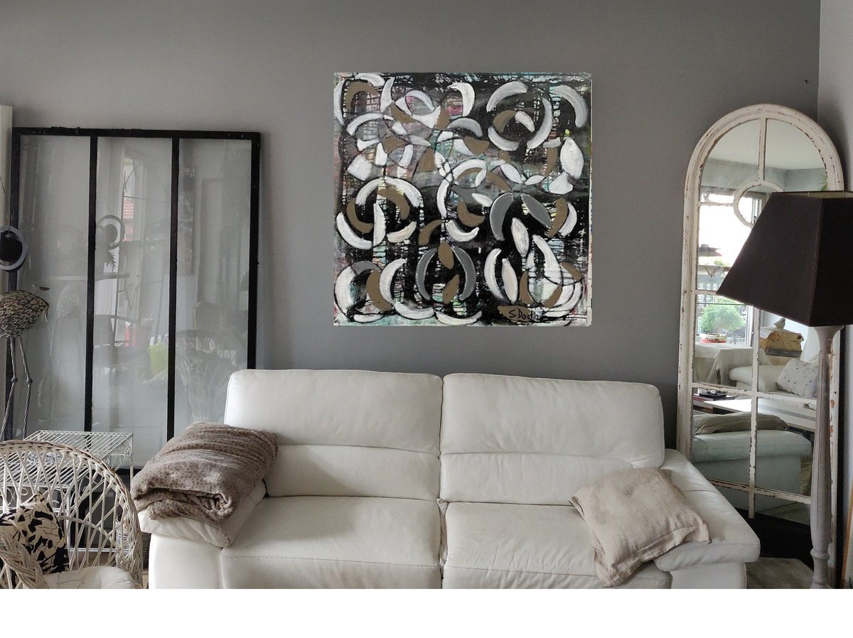 Abstract Acrylic Painting By Sylvie Dodin, 39 X 39", Black & White, Original Artwork