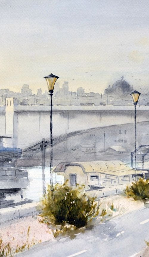 Riverside skyline Belgrade - original watercolor painting by Nenad Kojić watercolorist