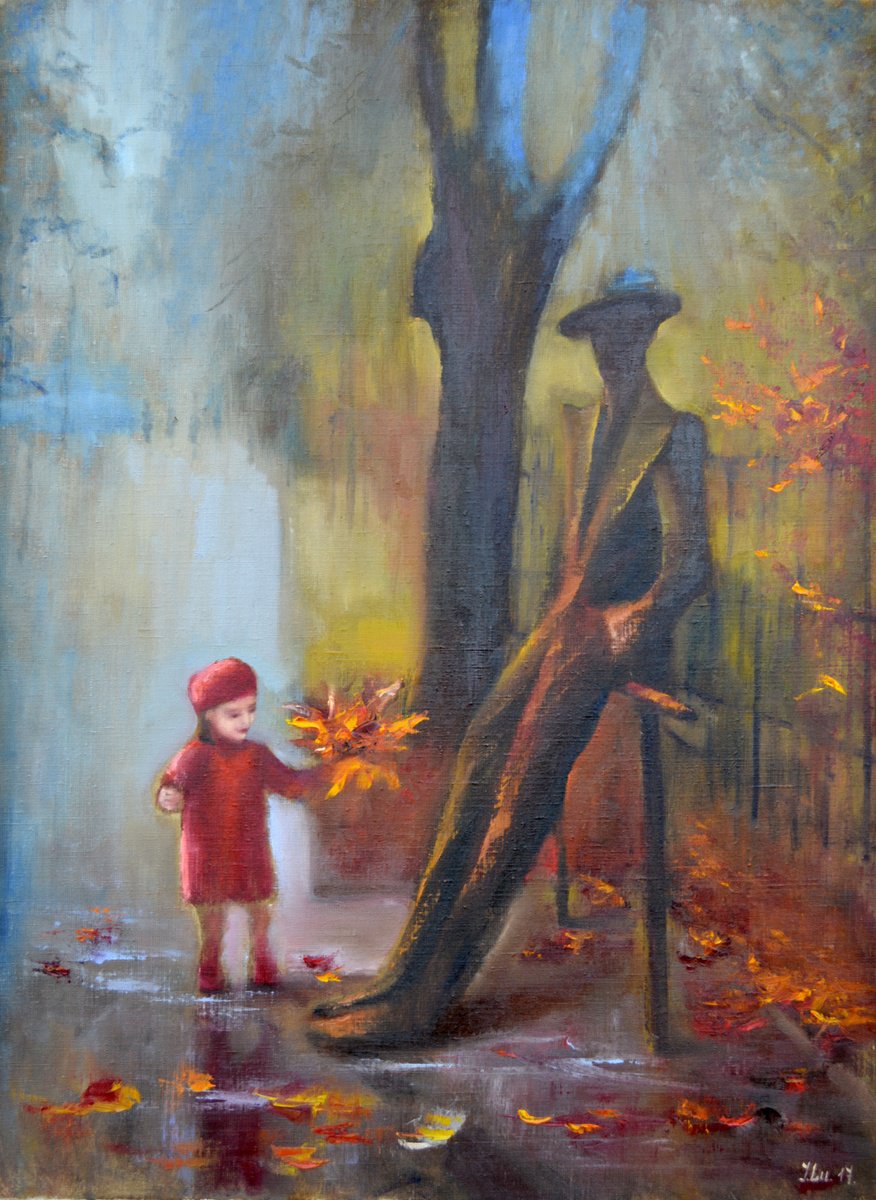 Expressive Portrait Oil Painting By Elena Lukina, 24 X 31, City Park, Original Artwork