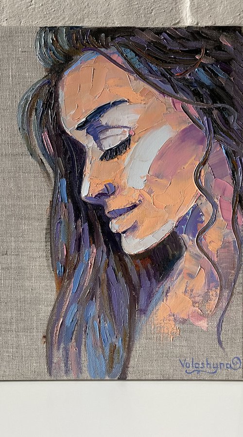 "Close your eyes". Portrait of a woman. Girl. Oil painting by Mary Voloshyna