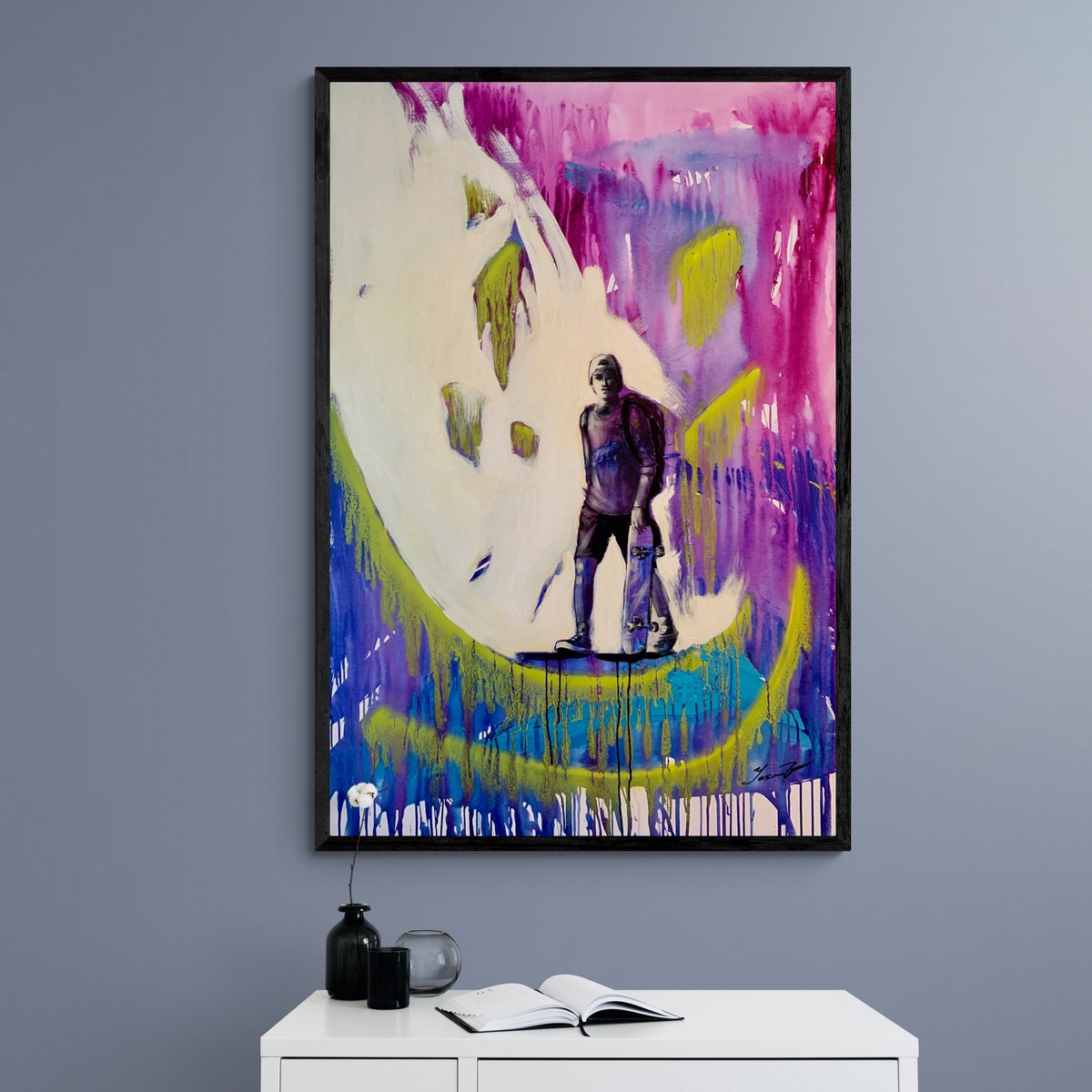 Urban And Pop Landscape Acrylic Painting By Yaroslav Yasenev, 39 X 59", Los Angeles Skater, Original Artwork