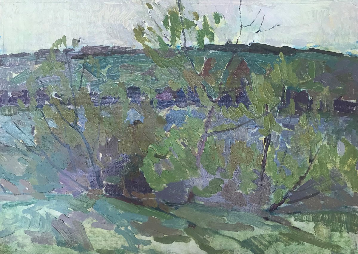 Impressionistic Landscape Oil Painting By Peter Tovpev, 17 X 12", Twilight, Original Artwork