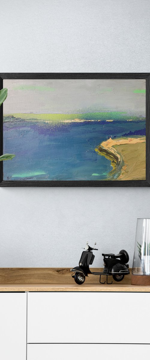 Small landscape painting - "Green sunset" - Seascape - Lake - River - Nature by Yaroslav Yasenev