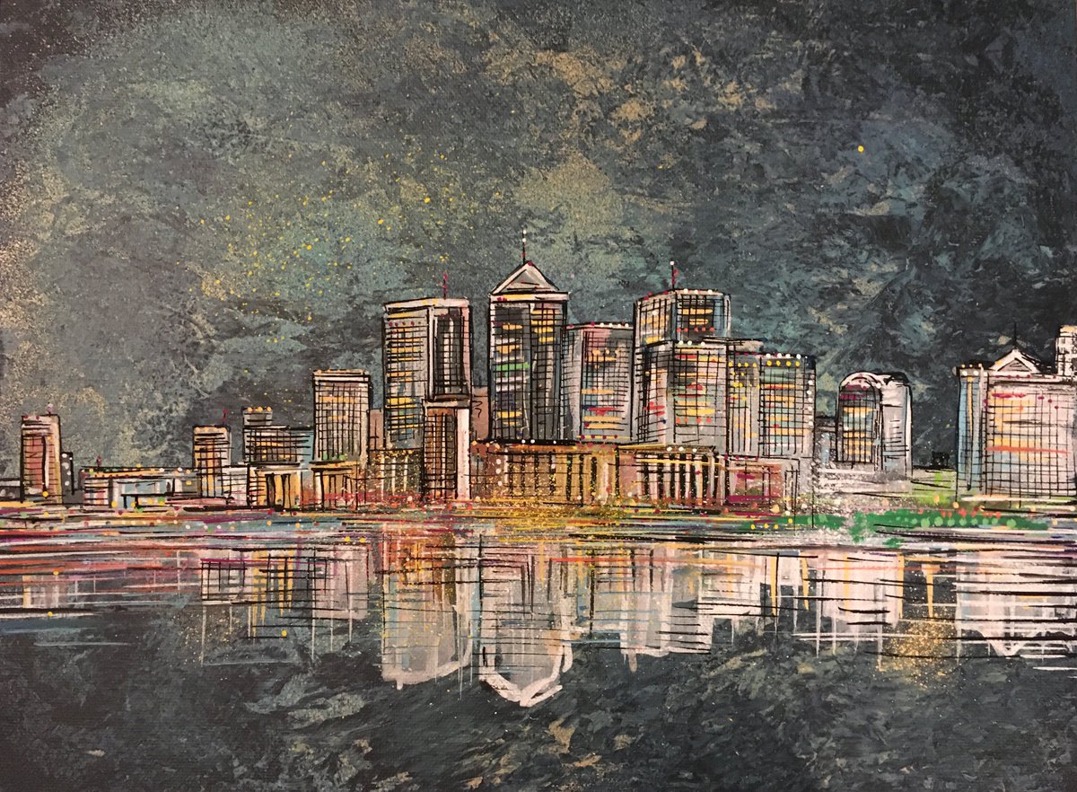 Urban And Pop Cityscapes Painting By John Curtis, 16 X 12, Canary Wharf Skyline, Original Artwork