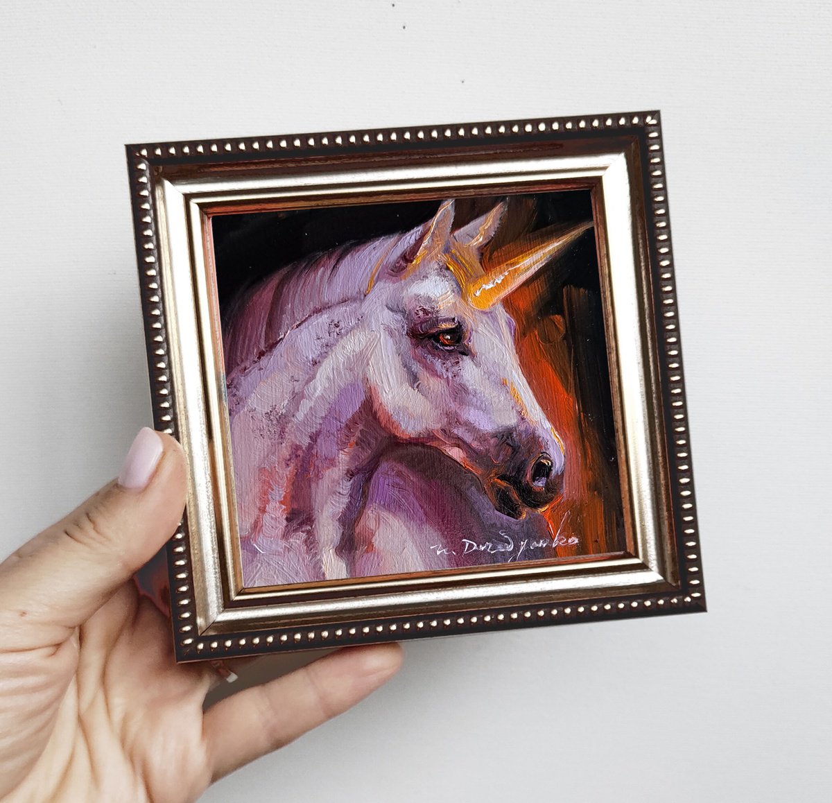 White unicorn oil painting original in silver frame 4x4 inch by Nataly Derevyanko