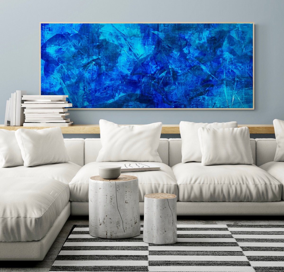 Abstract Acrylic Painting By Anita Kaufmann, 59 X 24, Beyond The Blue Sea No. 2020, Original Artwork