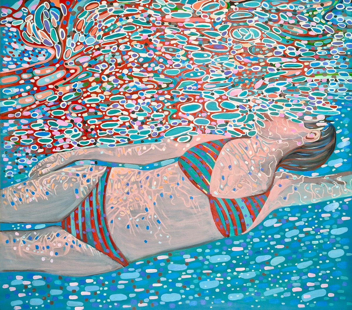 Impressionistic Portrait Acrylic Painting By Alexandra Djokic, 44 X 40, Underwater Turquoise Red, Original Artwork