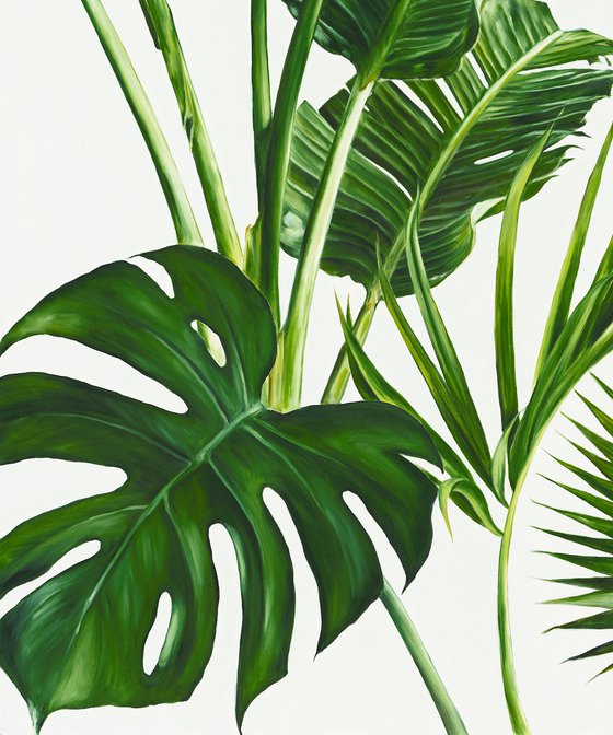 Big oil painting with palm and monstera leaves 100*120 cm