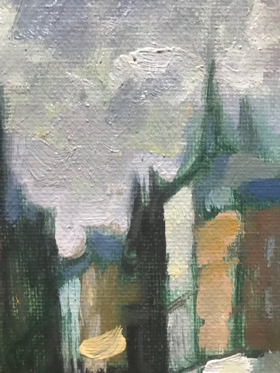 Original Oil Painting Wall Art Signed unframed Hand Made Jixiang Dong Canvas 25cm × 20cm Cityscape Wandering in The Town Centre Oxford Masked Rider Small Impressionism Impasto