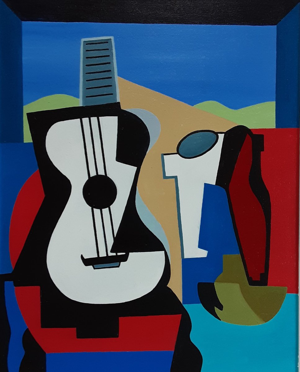 Organic Abstract Oil Painting By Paul Heron, 19 X 23", Still Life With Guitar And Bottle, Original Artwork